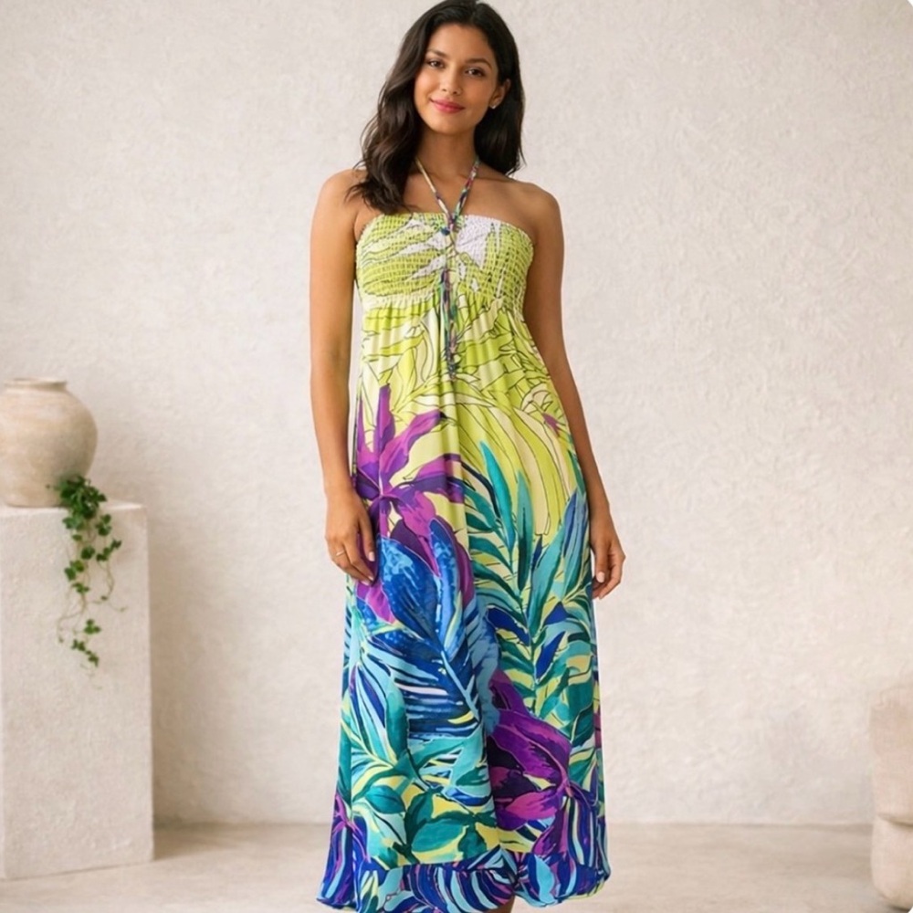 Vintage Caché Y2K Tropical Halter Maxi Dress M – Smocked Bodice, Made in USA